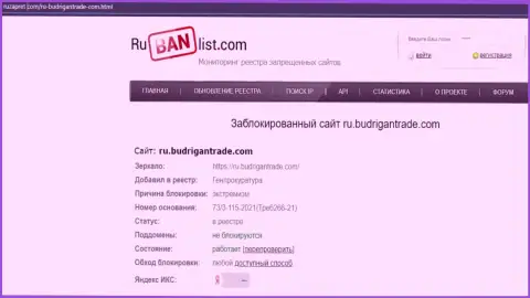 Сайт BudriganTrade на территории России был заблокирован Генеральной прокуратурой