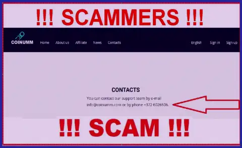 Coinumm OÜ phone number is listed on the swindlers web-site