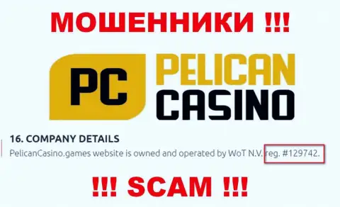 Номер регистрации PelicanCasino, который взят с их официального web-ресурса - 12974
