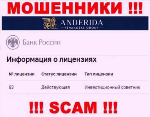 AnderidaFinancialGroup утверждают, что имеют лицензию от ЦБ РФ (информация с сайта мошенников)