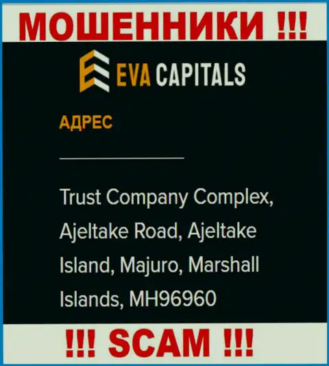 На сайте ЕваКапиталс Ком предложен офшорный официальный адрес конторы - Trust Company Complex, Ajeltake Road, Ajeltake Island, Majuro, Marshall Islands, MH96960, будьте весьма внимательны - это шулера