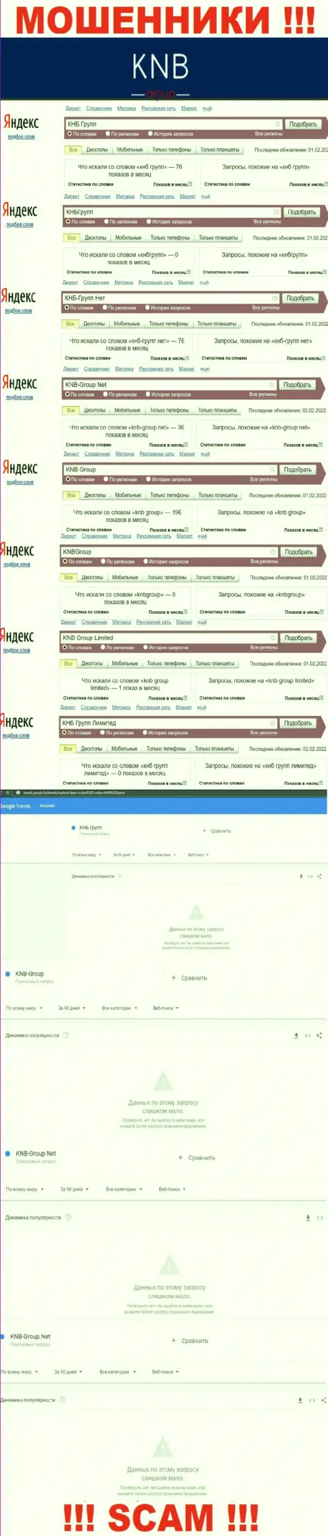 Скриншот итогов поисковых запросов по противоправно действующей организации КНБ Групп