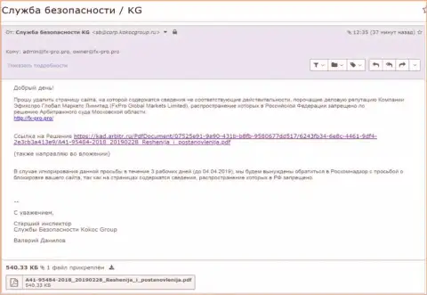 Уведомление с решением Арбитражного суда Московской области, отправленное шарашкой KokocGroup